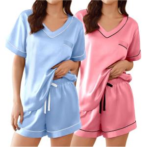 imageEkouaer 2 Pack Silk Pajamas for Women Short Sleeve Satin Pj Set Soft V neck Sleepwear Loungewear SXXLLight Bluecoral Pink