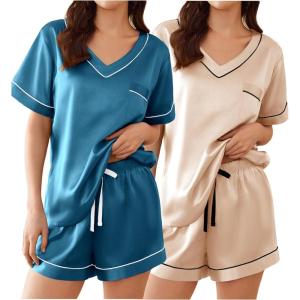imageEkouaer 2 Pack Silk Pajamas for Women Short Sleeve Satin Pj Set Soft V neck Sleepwear Loungewear SXXLPeacock Bluechampagne