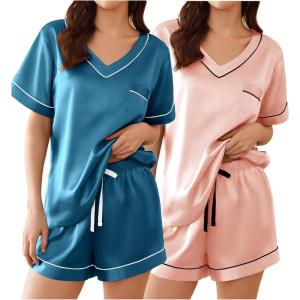 imageEkouaer 2 Pack Silk Pajamas for Women Short Sleeve Satin Pj Set Soft V neck Sleepwear Loungewear SXXLPeacock Bluelight Pink