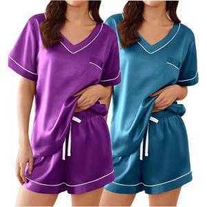 imageEkouaer 2 Pack Silk Pajamas for Women Short Sleeve Satin Pj Set Soft V neck Sleepwear Loungewear SXXLPurplepeacock Blue