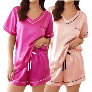 imageEkouaer 2 Pack Silk Pajamas for Women Short Sleeve Satin Pj Set Soft V neck Sleepwear Loungewear SXXLRose Redlight Pink