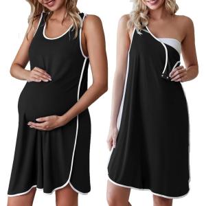 imageEkouaer Labor and Delivery Gown for Hospital 3 in 1 Nursing Dress Sleeveless Maternity Snap Button Breastfeeding NightgownBlack