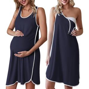 imageEkouaer Labor and Delivery Gown for Hospital 3 in 1 Nursing Dress Sleeveless Maternity Snap Button Breastfeeding NightgownNavy Blue