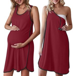 imageEkouaer Labor and Delivery Gown for Hospital 3 in 1 Nursing Dress Sleeveless Maternity Snap Button Breastfeeding NightgownWine Red