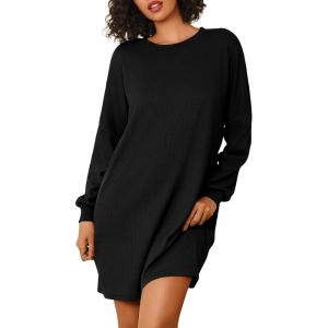 imageEkouaer Nightgowns for Women Long Sleeve Sleep Shirts Waffle Knit Nightshirts Soft Sleep Dress Oversized SleepwearBlack