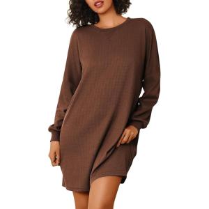 imageEkouaer Nightgowns for Women Long Sleeve Sleep Shirts Waffle Knit Nightshirts Soft Sleep Dress Oversized SleepwearBrown