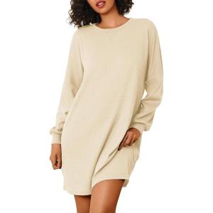 imageEkouaer Nightgowns for Women Long Sleeve Sleep Shirts Waffle Knit Nightshirts Soft Sleep Dress Oversized SleepwearCream Color