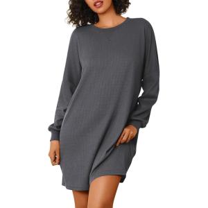 imageEkouaer Nightgowns for Women Long Sleeve Sleep Shirts Waffle Knit Nightshirts Soft Sleep Dress Oversized SleepwearDark Grey