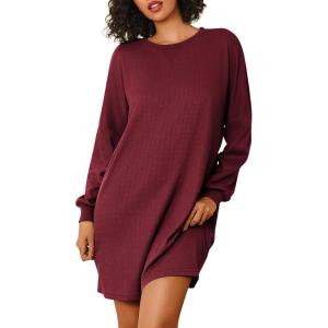 imageEkouaer Nightgowns for Women Long Sleeve Sleep Shirts Waffle Knit Nightshirts Soft Sleep Dress Oversized SleepwearDark Red