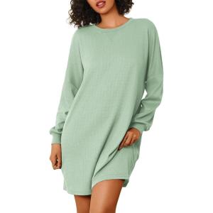 imageEkouaer Nightgowns for Women Long Sleeve Sleep Shirts Waffle Knit Nightshirts Soft Sleep Dress Oversized SleepwearIce Green