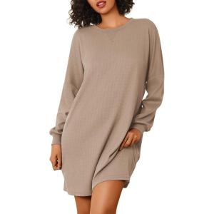 imageEkouaer Nightgowns for Women Long Sleeve Sleep Shirts Waffle Knit Nightshirts Soft Sleep Dress Oversized SleepwearKhaki