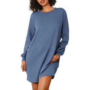 imageEkouaer Nightgowns for Women Long Sleeve Sleep Shirts Waffle Knit Nightshirts Soft Sleep Dress Oversized SleepwearNavy