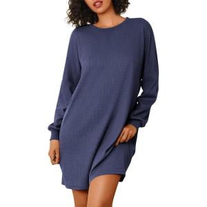 imageEkouaer Nightgowns for Women Long Sleeve Sleep Shirts Waffle Knit Nightshirts Soft Sleep Dress Oversized SleepwearNavy Blue