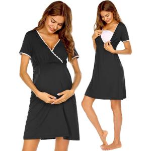 imageEkouaer Nursing Nightgown Delivery and Labor Gown for Hospital Short Sleeve Maternity Breastfeeding DressBlack