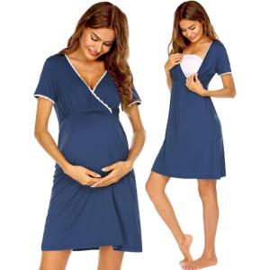 imageEkouaer Nursing Nightgown Delivery and Labor Gown for Hospital Short Sleeve Maternity Breastfeeding DressBlue