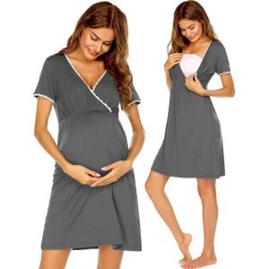 imageEkouaer Nursing Nightgown Delivery and Labor Gown for Hospital Short Sleeve Maternity Breastfeeding DressGray