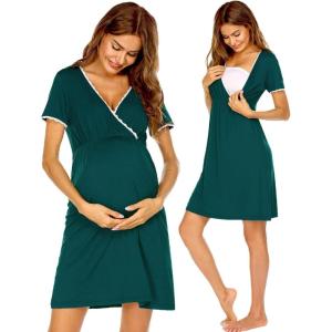 imageEkouaer Nursing Nightgown Delivery and Labor Gown for Hospital Short Sleeve Maternity Breastfeeding DressHuntergreen