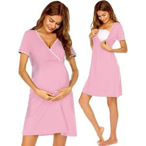 imageEkouaer Nursing Nightgown Delivery and Labor Gown for Hospital Short Sleeve Maternity Breastfeeding DressMisty Rose