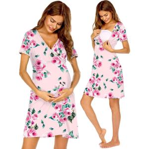 imageEkouaer Nursing Nightgown Delivery and Labor Gown for Hospital Short Sleeve Maternity Breastfeeding DressPink Flowers