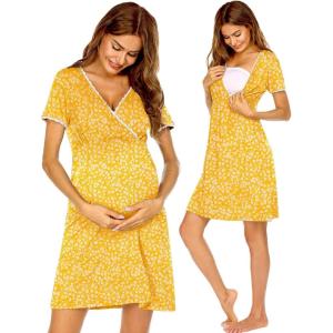 imageEkouaer Nursing Nightgown Delivery and Labor Gown for Hospital Short Sleeve Maternity Breastfeeding DressYellow Floral