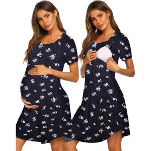 imageEkouaer Nursing Nightgown Short Sleeve Nursing Gown 3 In 1 Maternity Nightgown Breasfeeding Sleepwear Delivery DressDaisy