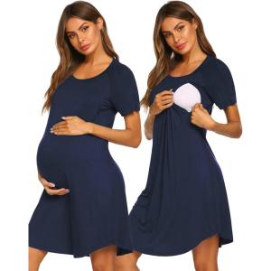 imageEkouaer Nursing Nightgown Short Sleeve Nursing Gown 3 In 1 Maternity Nightgown Breasfeeding Sleepwear Delivery DressNavy Blue