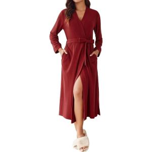 imageEkouaer Robes for Women Long Light Weight Knit Bathrobe Soft Sleepwear Ladies Loungewear Kimono Spa Robe SXXLWine Red