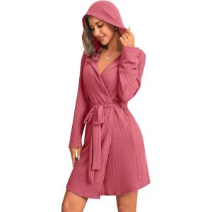 imageEkouaer Robes for Women Waffle Knit Hooded Bathrobe Lightweight Robe Soft Knee Length Sleepwear with PocketsGray Purple