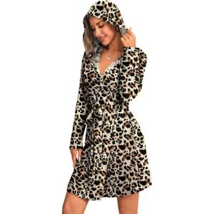 imageEkouaer Robes for Women Waffle Knit Hooded Bathrobe Lightweight Robe Soft Knee Length Sleepwear with PocketsLeopard