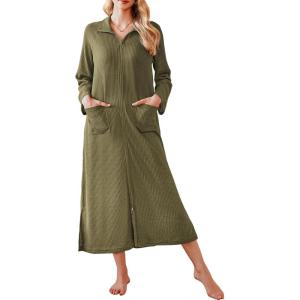 imageEkouaer Waffle Robes for Women Long Zipper Bathrobes Lightweight House Coat Soft Sleepwear with Pockets Loungewear SXXLArmy Green