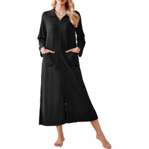 imageEkouaer Waffle Robes for Women Long Zipper Bathrobes Lightweight House Coat Soft Sleepwear with Pockets Loungewear SXXLBlack