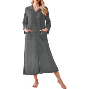 imageEkouaer Waffle Robes for Women Long Zipper Bathrobes Lightweight House Coat Soft Sleepwear with Pockets Loungewear SXXLDeep Gray