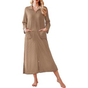 imageEkouaer Waffle Robes for Women Long Zipper Bathrobes Lightweight House Coat Soft Sleepwear with Pockets Loungewear SXXLKhaki