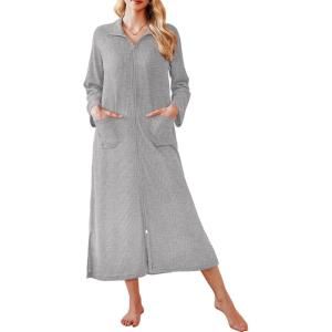 imageEkouaer Waffle Robes for Women Long Zipper Bathrobes Lightweight House Coat Soft Sleepwear with Pockets Loungewear SXXLLight Gray