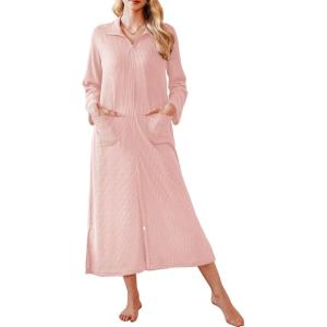 imageEkouaer Waffle Robes for Women Long Zipper Bathrobes Lightweight House Coat Soft Sleepwear with Pockets Loungewear SXXLLight Pink