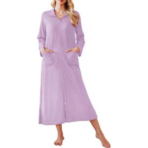 imageEkouaer Waffle Robes for Women Long Zipper Bathrobes Lightweight House Coat Soft Sleepwear with Pockets Loungewear SXXLPurple