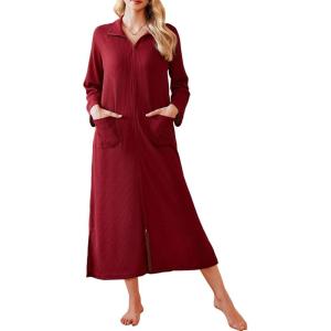 imageEkouaer Waffle Robes for Women Long Zipper Bathrobes Lightweight House Coat Soft Sleepwear with Pockets Loungewear SXXLWine Red