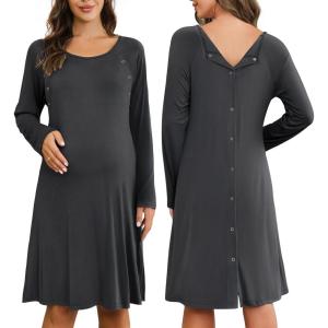imageEkouaer Women Maternity Nightgown Labor Delivery Nursing Gown Hospital Breastfeeding Dress Button Down Long Sleeve SleepwearGray