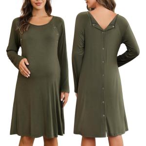 imageEkouaer Women Maternity Nightgown Labor Delivery Nursing Gown Hospital Breastfeeding Dress Button Down Long Sleeve SleepwearGreen