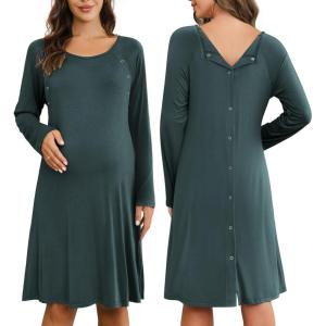 imageEkouaer Women Maternity Nightgown Labor Delivery Nursing Gown Hospital Breastfeeding Dress Button Down Long Sleeve SleepwearLake Green