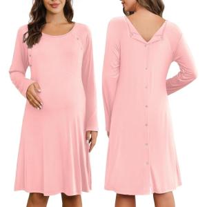 imageEkouaer Women Maternity Nightgown Labor Delivery Nursing Gown Hospital Breastfeeding Dress Button Down Long Sleeve SleepwearPink