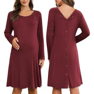 imageEkouaer Women Maternity Nightgown Labor Delivery Nursing Gown Hospital Breastfeeding Dress Button Down Long Sleeve SleepwearWine Red