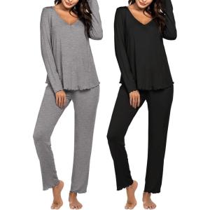 imageEkouaer Womens 2 Pack Pajamas Set Long Sleeve Pajamas Top and Pants V Neck Pjs Sets Soft Sleepwear Loungewear SXXLBlack  Gray