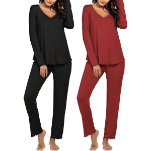 imageEkouaer Womens 2 Pack Pajamas Set Long Sleeve Pajamas Top and Pants V Neck Pjs Sets Soft Sleepwear Loungewear SXXLBlack  Wine Red