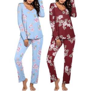 imageEkouaer Womens 2 Pack Pajamas Set Long Sleeve Pajamas Top and Pants V Neck Pjs Sets Soft Sleepwear Loungewear SXXLBlue Flower  Burgundy Flower