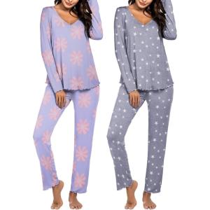 imageEkouaer Womens 2 Pack Pajamas Set Long Sleeve Pajamas Top and Pants V Neck Pjs Sets Soft Sleepwear Loungewear SXXLBlue Flowers  Gray Stars