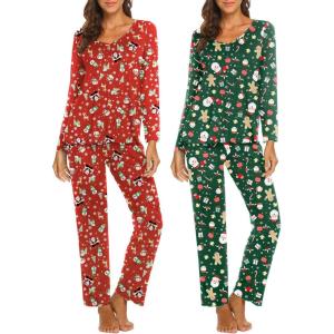 imageEkouaer Womens 2 Pack Pajamas Set Long Sleeve Pajamas Top and Pants V Neck Pjs Sets Soft Sleepwear Loungewear SXXLChristmas Pattern