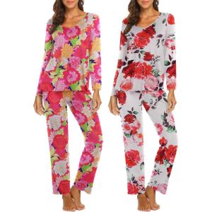 imageEkouaer Womens 2 Pack Pajamas Set Long Sleeve Pajamas Top and Pants V Neck Pjs Sets Soft Sleepwear Loungewear SXXLFlower Red  Flower White