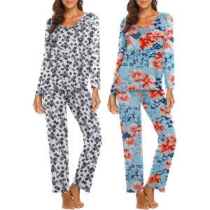 imageEkouaer Womens 2 Pack Pajamas Set Long Sleeve Pajamas Top and Pants V Neck Pjs Sets Soft Sleepwear Loungewear SXXLGuitar Pineapple  Blue Flowers