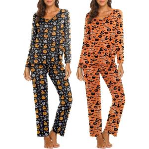 imageEkouaer Womens 2 Pack Pajamas Set Long Sleeve Pajamas Top and Pants V Neck Pjs Sets Soft Sleepwear Loungewear SXXLHalloween Pattern